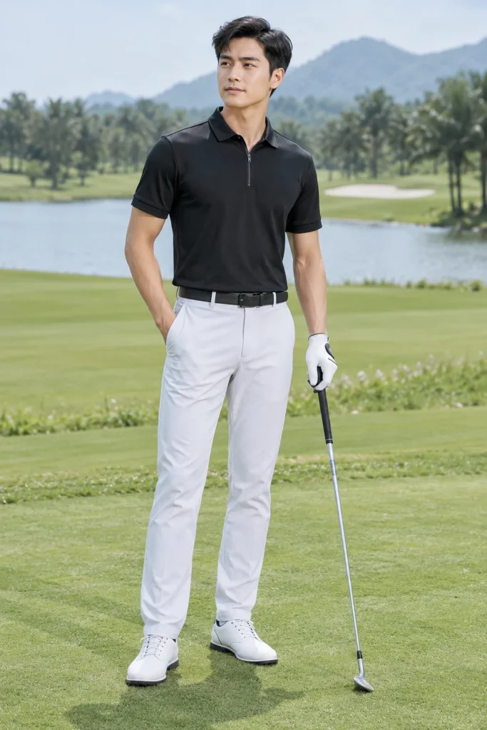 Áo Polo Golf Cổ Khóa Kéo Màu Đen