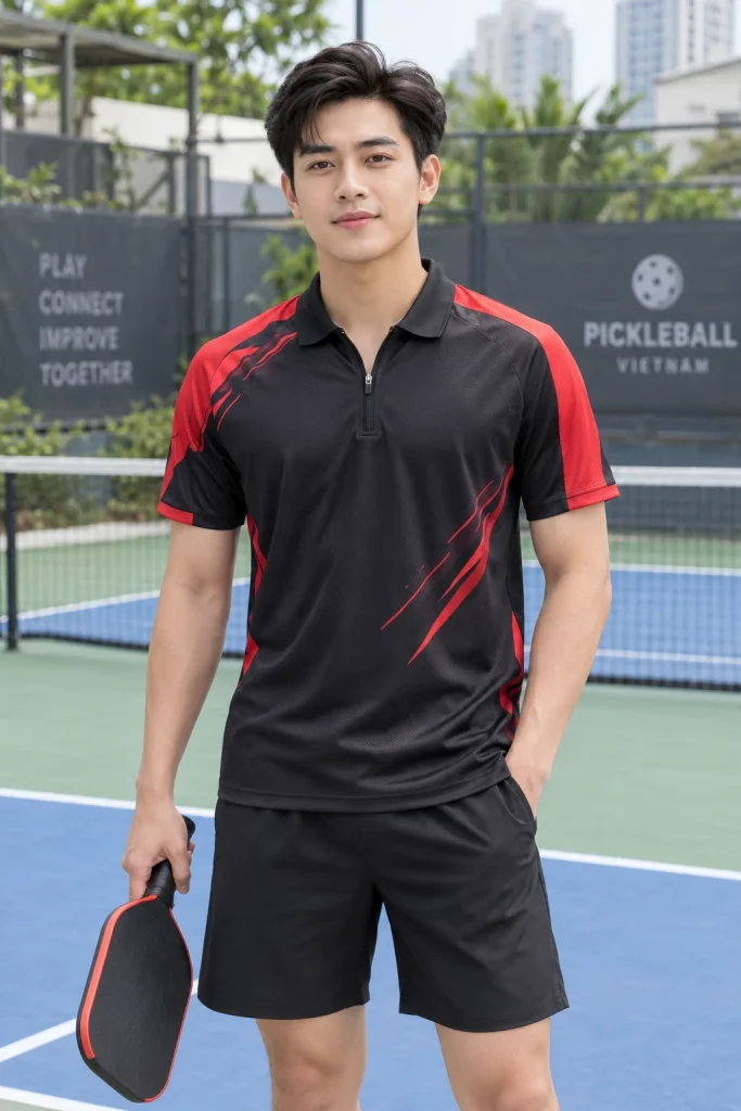 Áo Polo Pickleball Cổ Khóa Kéo Đen Đỏ