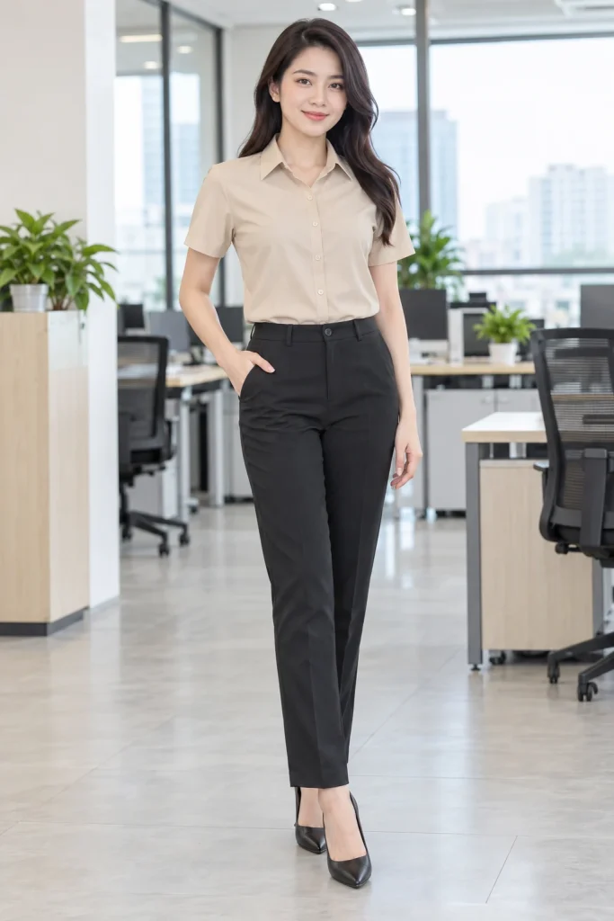 Áo Sơ Mi Đồng Phục Ngắn Tay Màu Be
