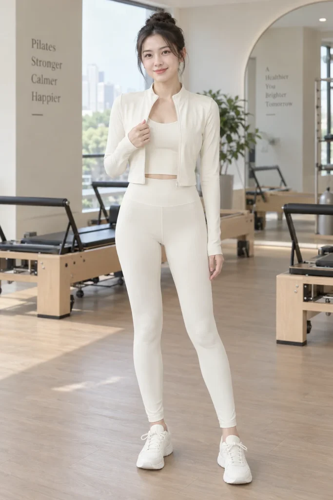 Bộ Pilates Áo Khoác Lửng Màu Trắng Kem