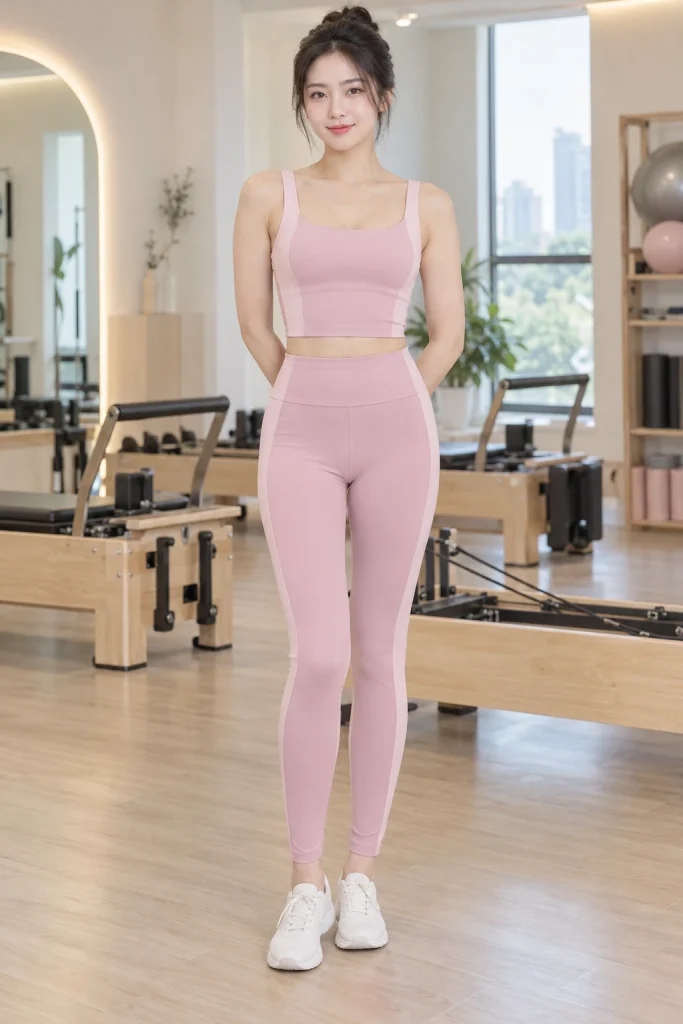 Bộ Pilates Cổ Vuông Phối Hồng Phấn