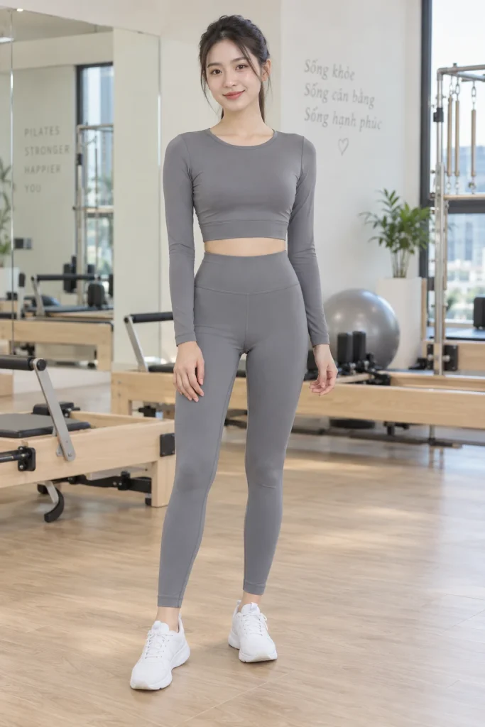 Bộ Pilates Croptop Tay Dài Xám Khói