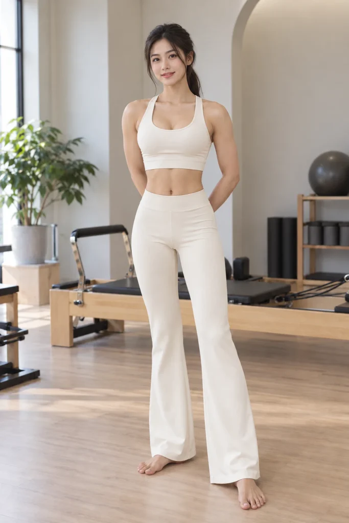 Bộ Pilates Quần Loe Phối Áo Bra Màu Kem