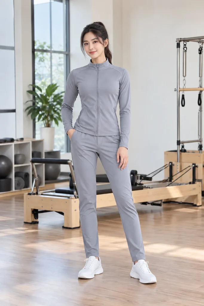 Bộ Pilates Tay Dài Khóa Kéo Màu Xám