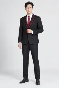 Bộ Vest Lễ Tân Viền Tương Phản Đỏ Đô