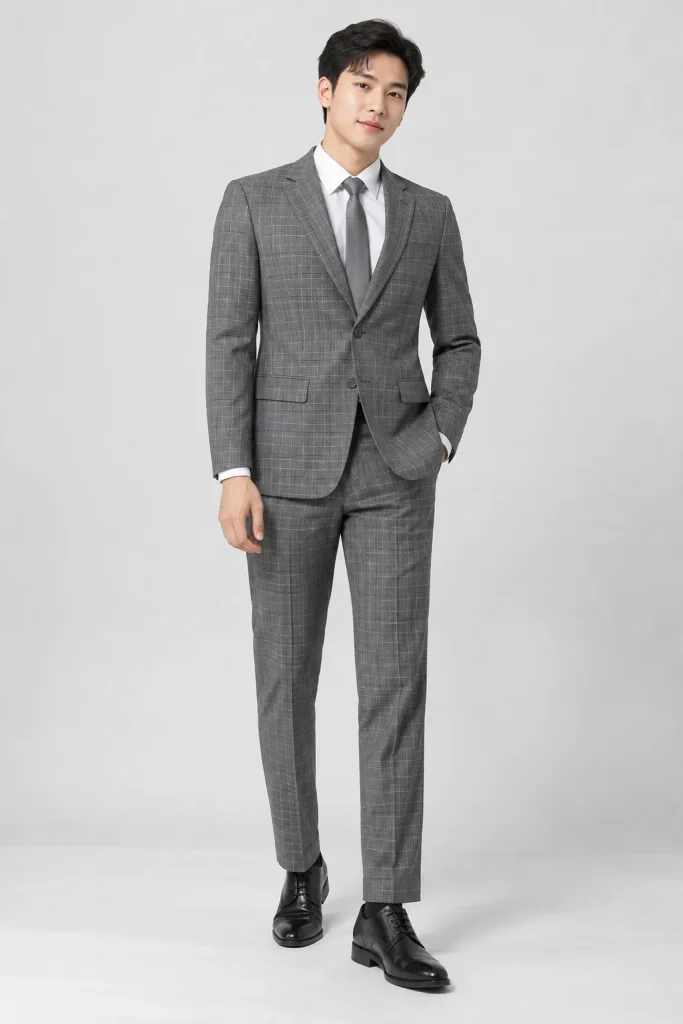 Bộ Vest Nam Kẻ Caro Nhỏ Màu Ghi