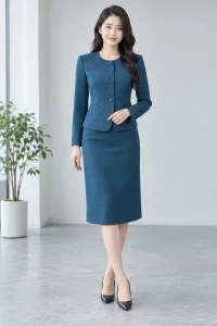 Bộ Vest Nữ Cổ Tròn Phối Chân Váy Xanh