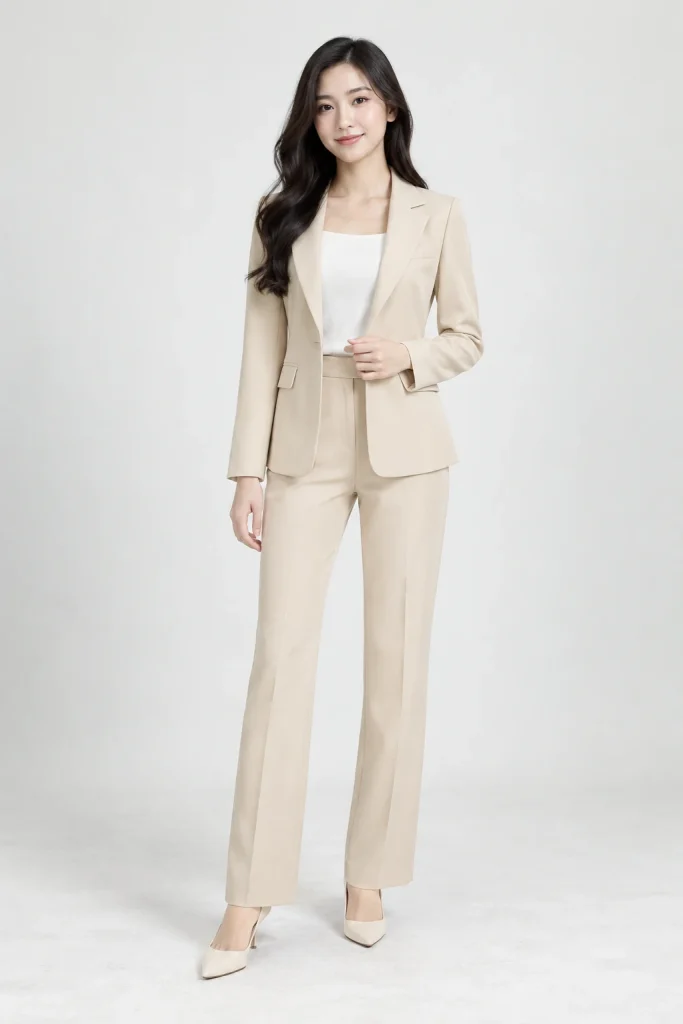 Bộ Vest Nữ Công Sở Cổ Sam Màu Kem