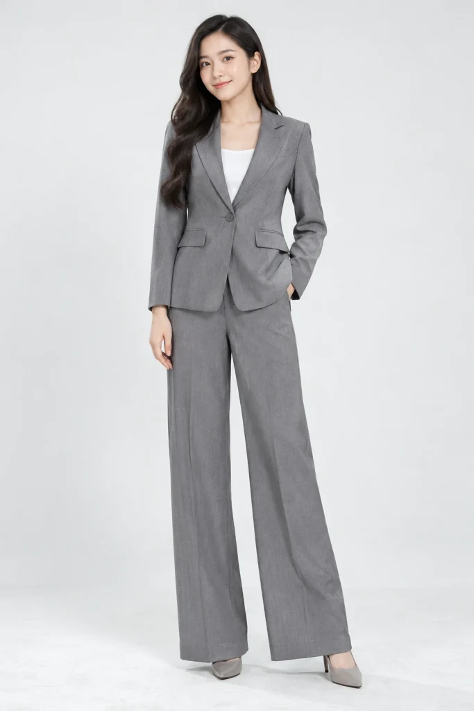 Bộ Vest Nữ Phối Quần Suông Màu Xám