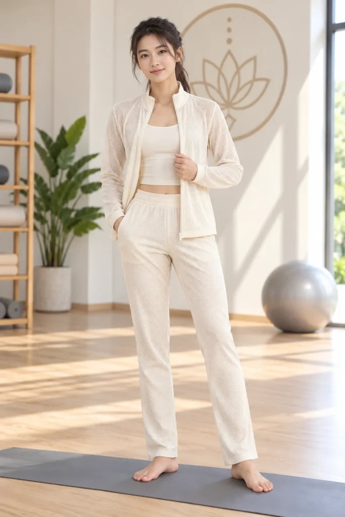 Bộ Yoga Áo Khoác Lưới Quần Cạp Cao Màu Kem