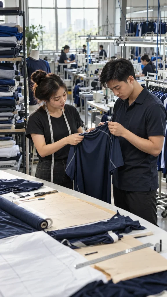 Kỹ thuật viên kiểm tra đường may và chất liệu đồng phục thể thao