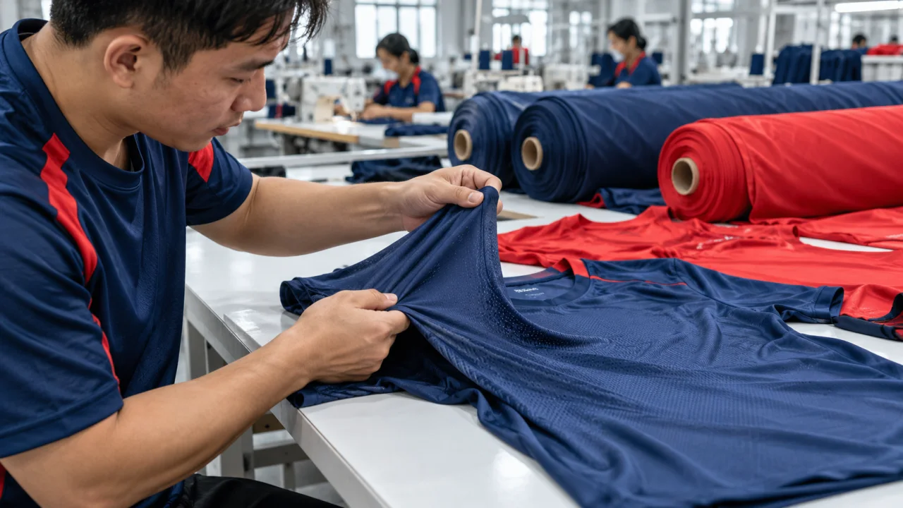 Kỹ thuật viên kiểm tra vải may đồng phục bóng đá tại xưởng