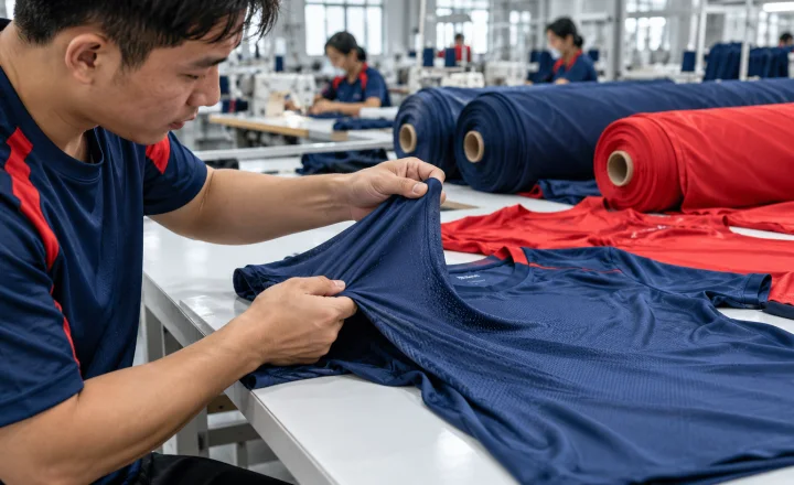 Kỹ thuật viên kiểm tra vải may đồng phục bóng đá tại xưởng