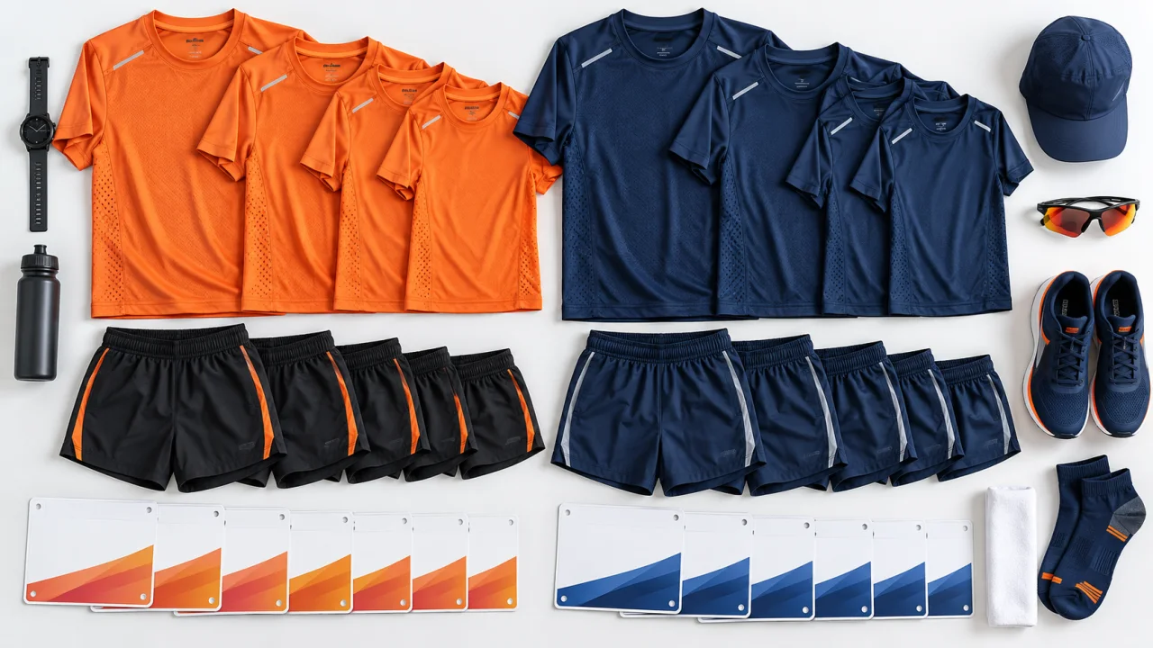 Bộ đồng phục chạy bộ doanh nghiệp màu cam và xanh navy