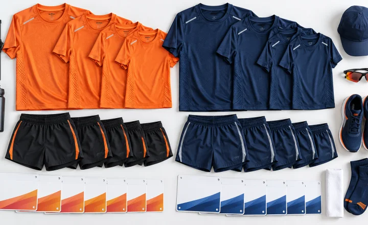 Bộ đồng phục chạy bộ doanh nghiệp màu cam và xanh navy