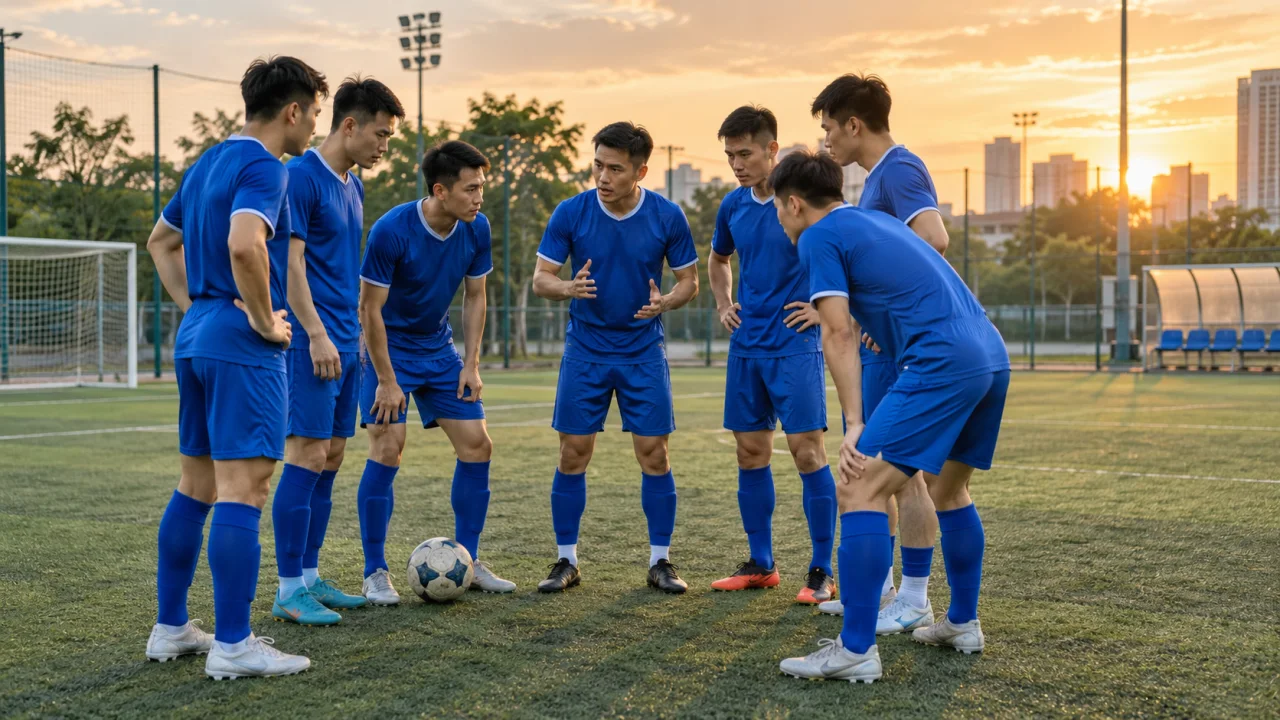 Đội bóng phong trào mặc đồng phục xanh đồng bộ trên sân