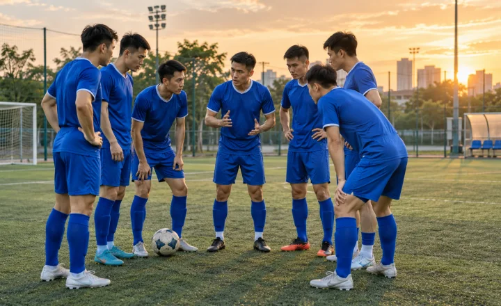 Đội bóng phong trào mặc đồng phục xanh đồng bộ trên sân