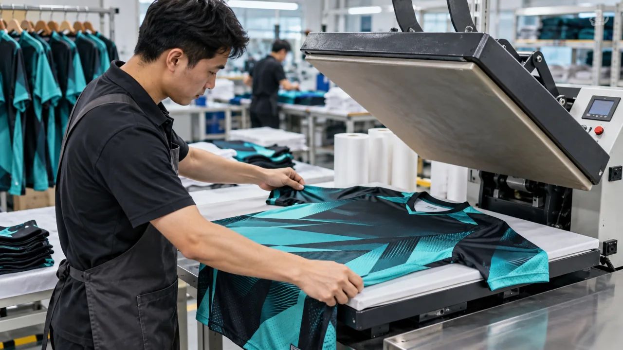 Kỹ thuật viên thực hiện in chuyển nhiệt áo thể thao trong xưởng