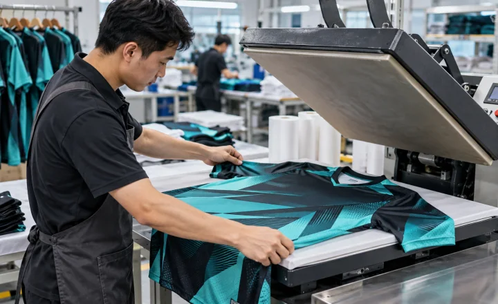 Kỹ thuật viên thực hiện in chuyển nhiệt áo thể thao trong xưởng